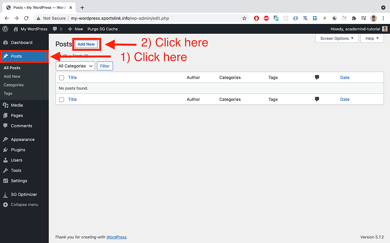 Start writing a post by clicking on 'Posts' in the sidebar and then the 'Add new' button.