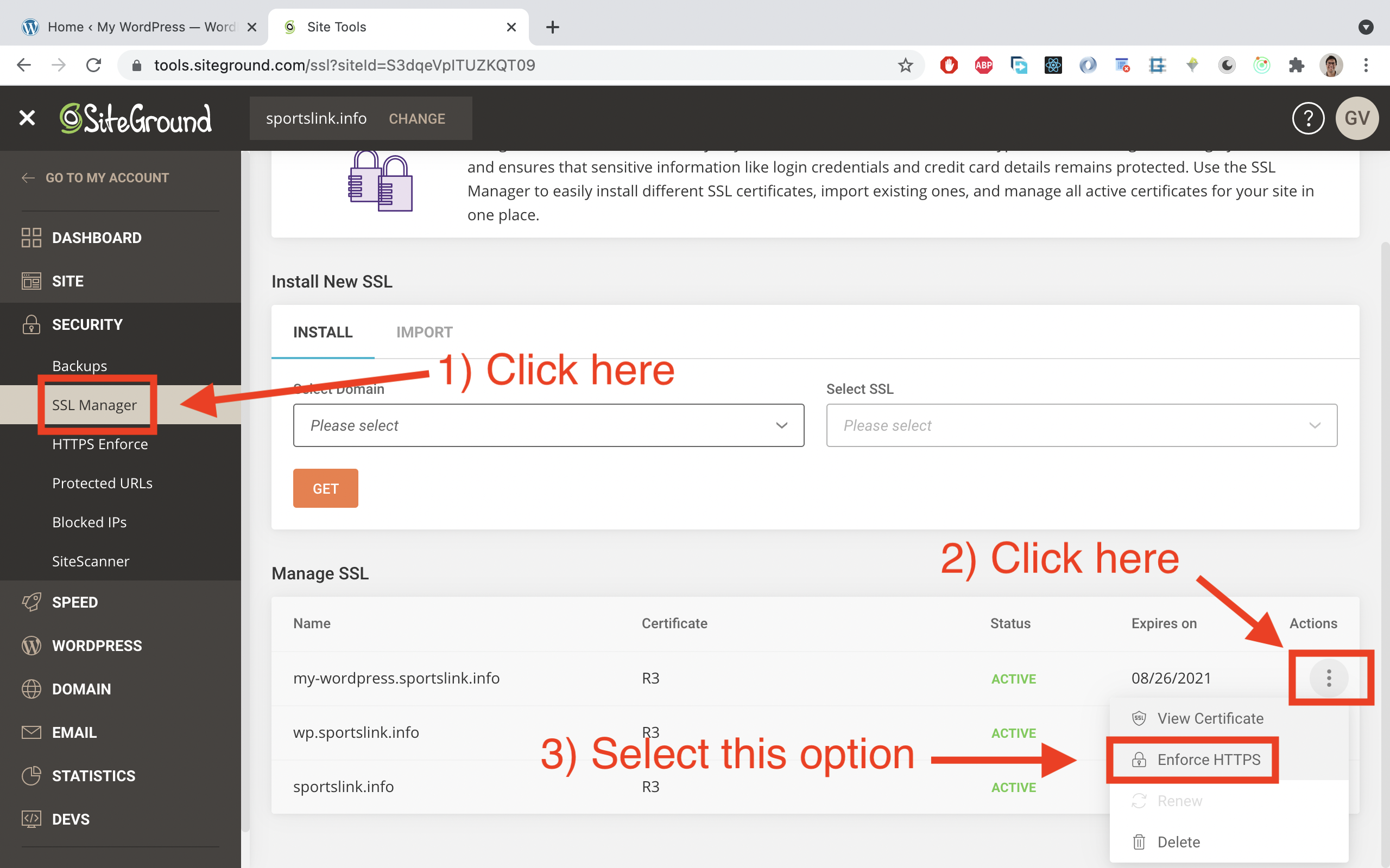 On SiteGround, choose the 'SSL Manager' in the sidebar (found in the 'Security' area). Choose your subdomain there and click the 'Edit' button there. Then select 'Enforce HTTPS'.