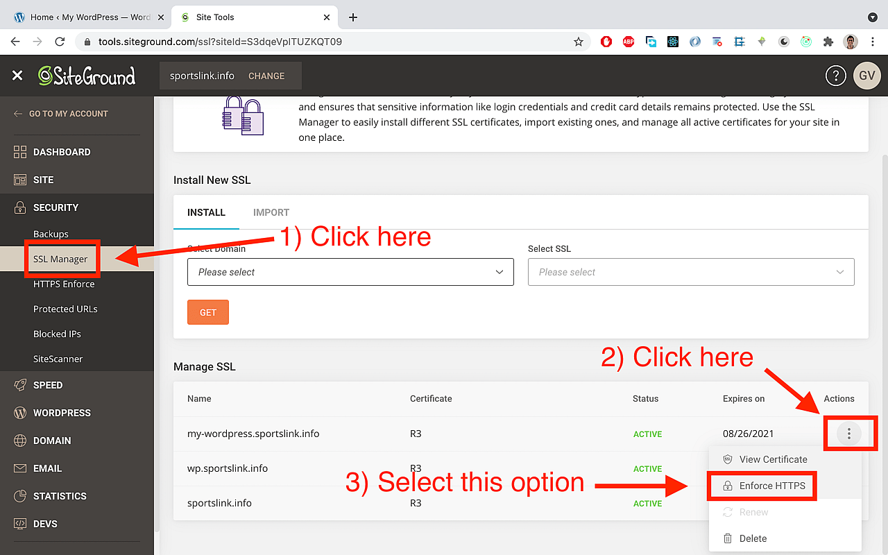 On SiteGround, choose the 'SSL Manager' in the sidebar (found in the 'Security' area). Choose your subdomain there and click the 'Edit' button there. Then select 'Enforce HTTPS'.