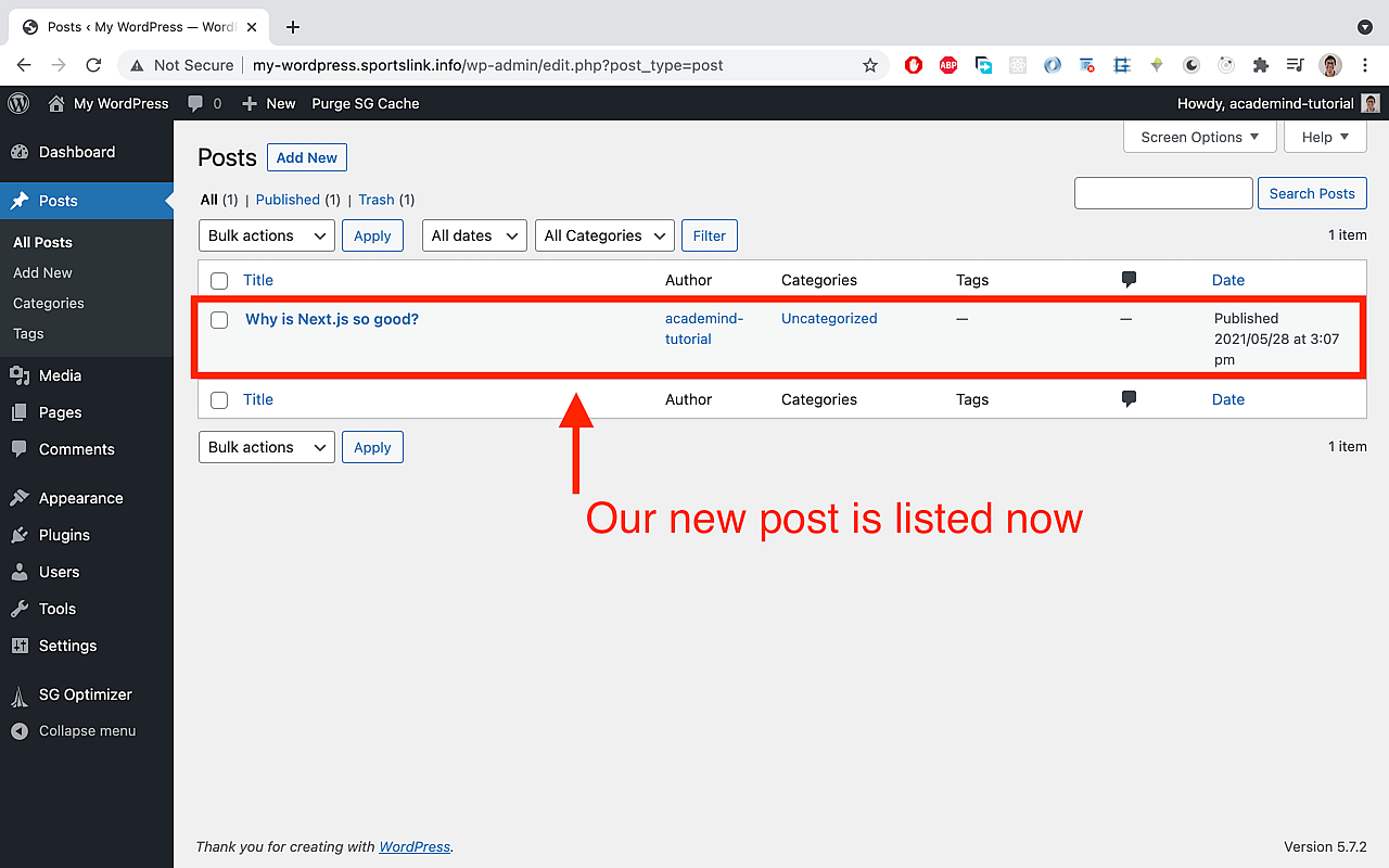 The newly added post should show up in the list of posts.
