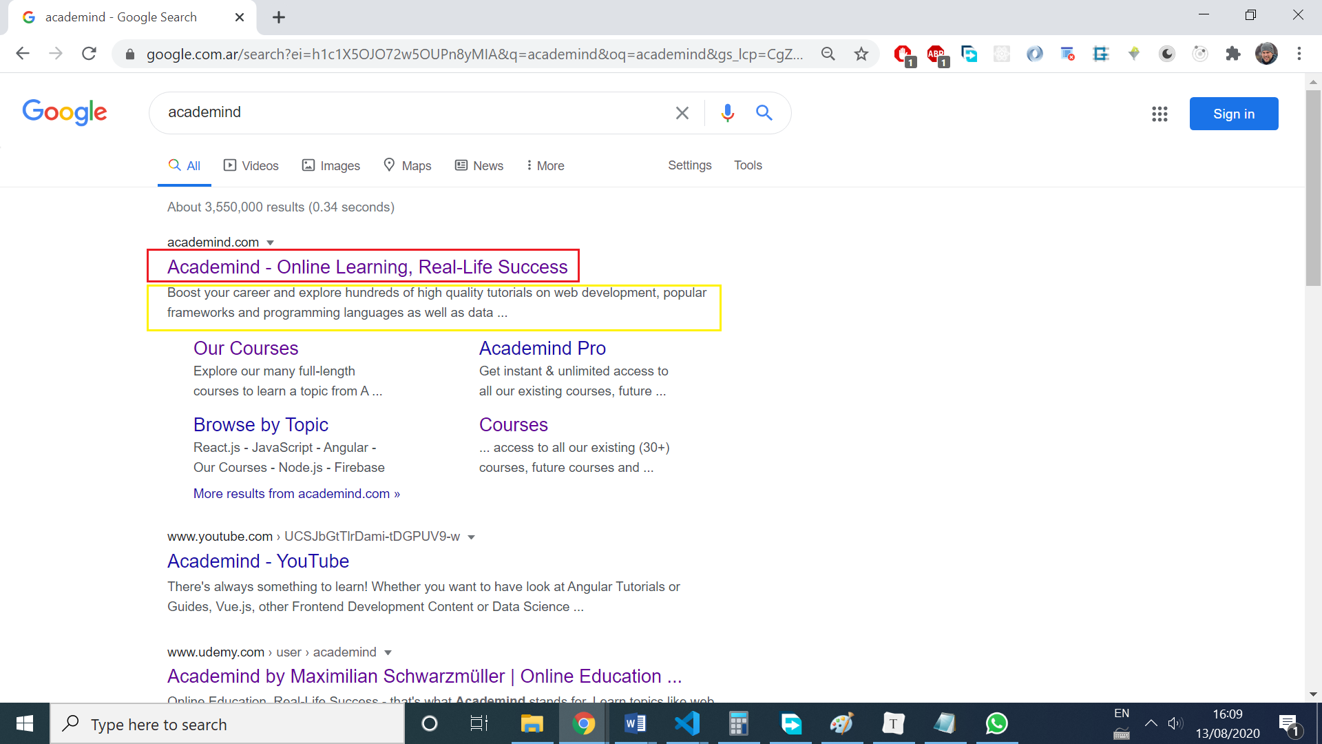 Academind result on google search