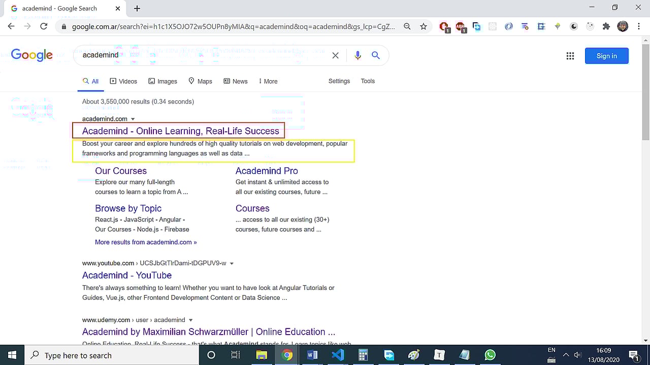 Academind result on google search