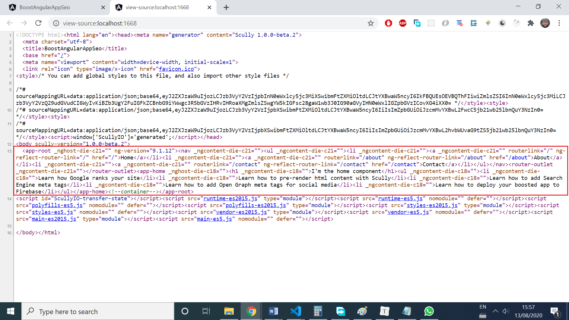 We got more useful HTML source code on a page rendered with help of Scully