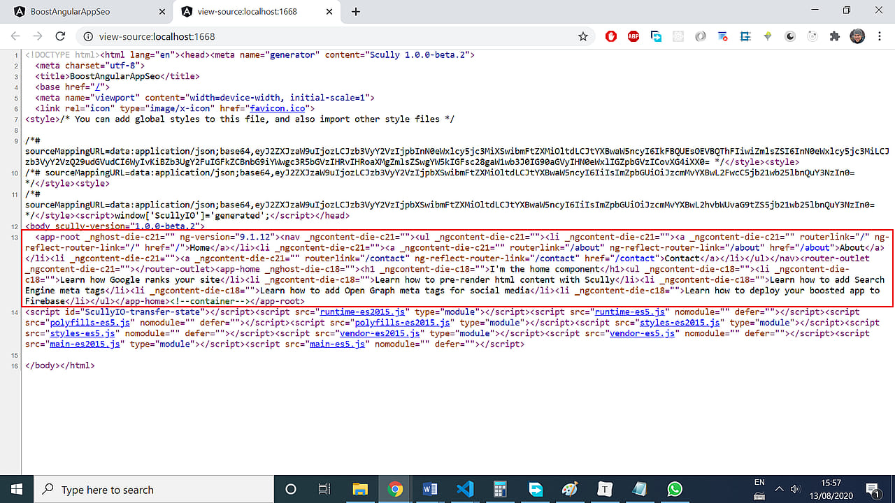 We got more useful HTML source code on a page rendered with help of Scully