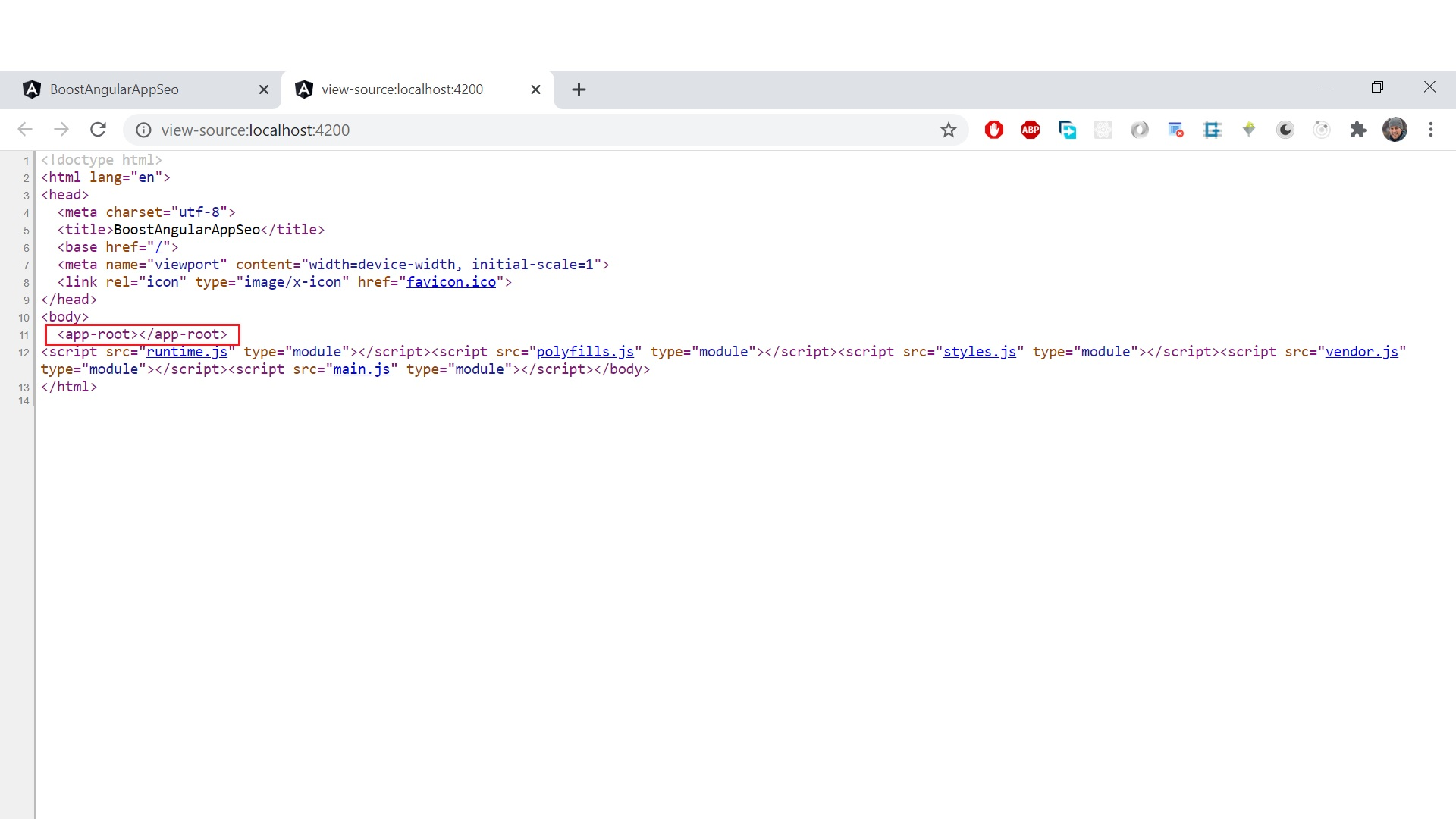 The source code of the rendered page is pretty empty.