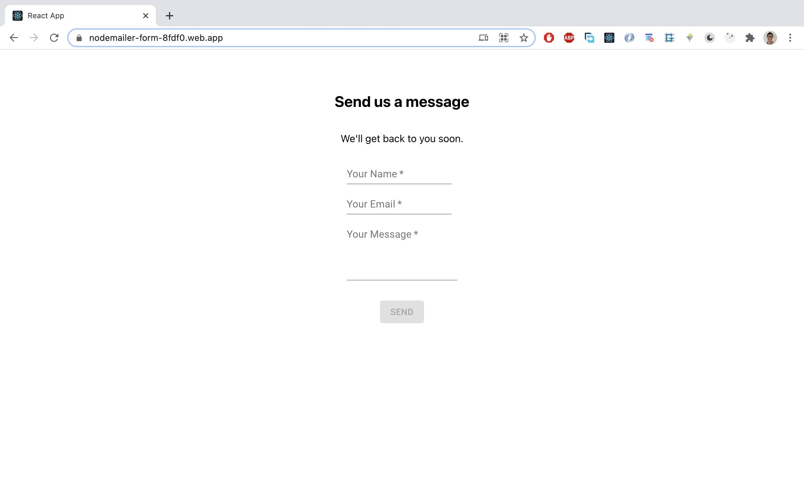 The finished form which includes a name, email and message field
