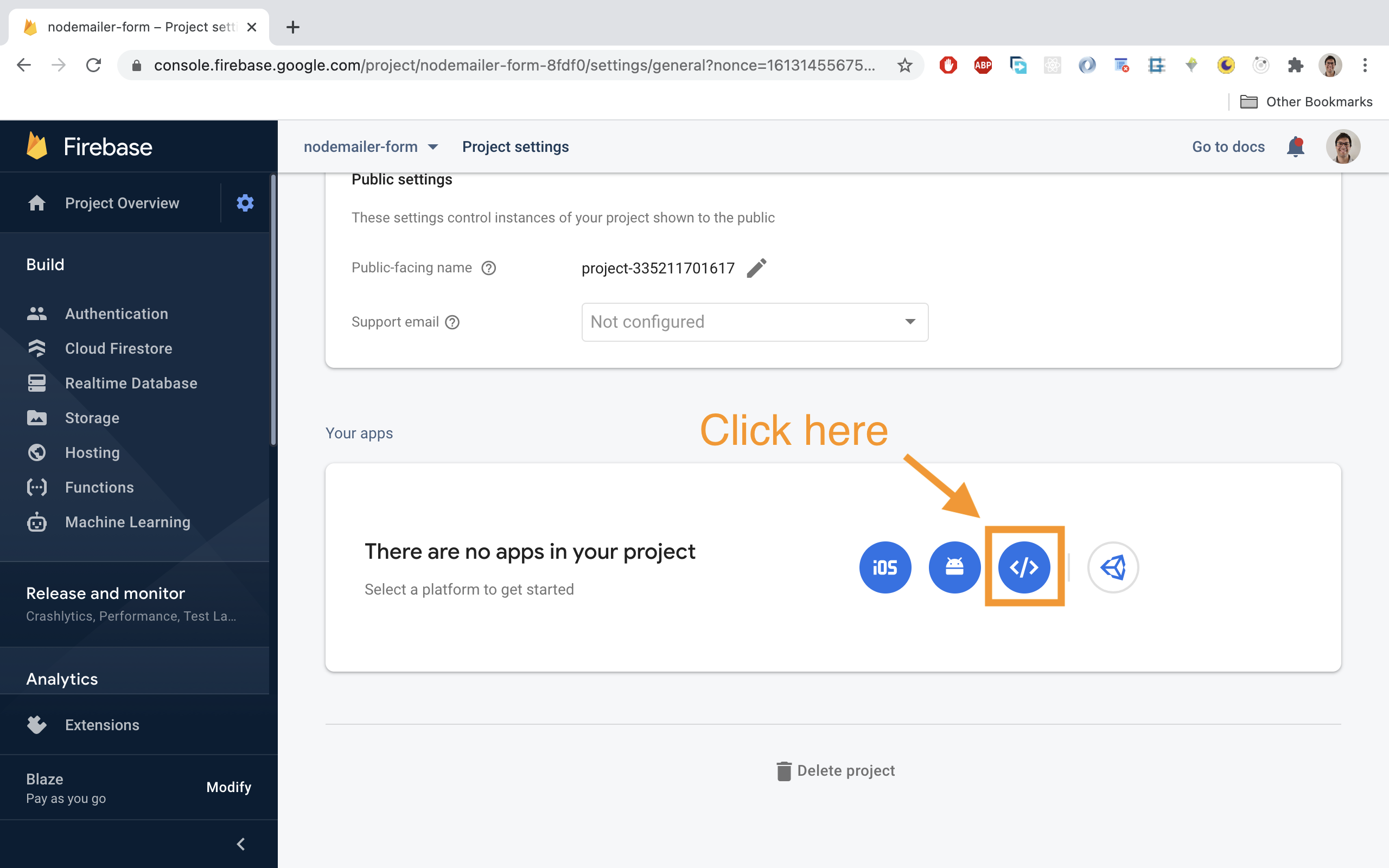 Click on the 'code' icon there to add a web project.