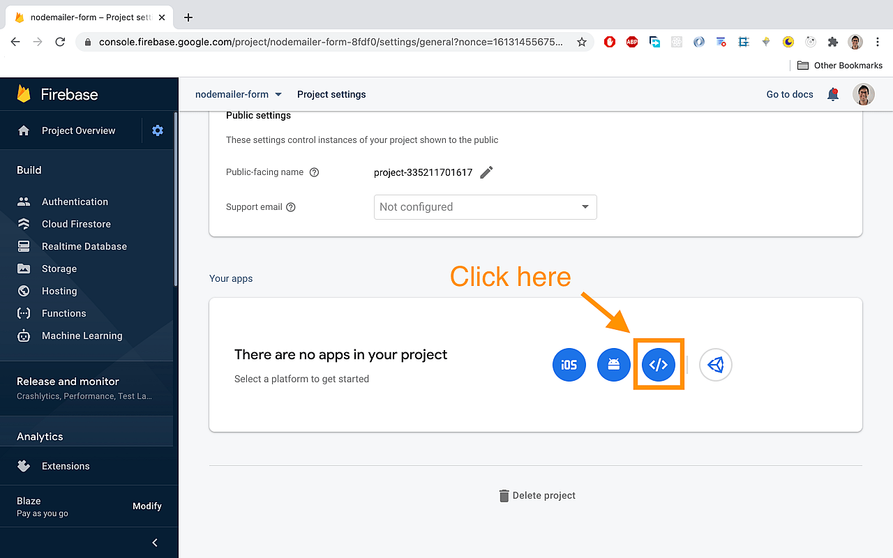 Click on the 'code' icon there to add a web project.
