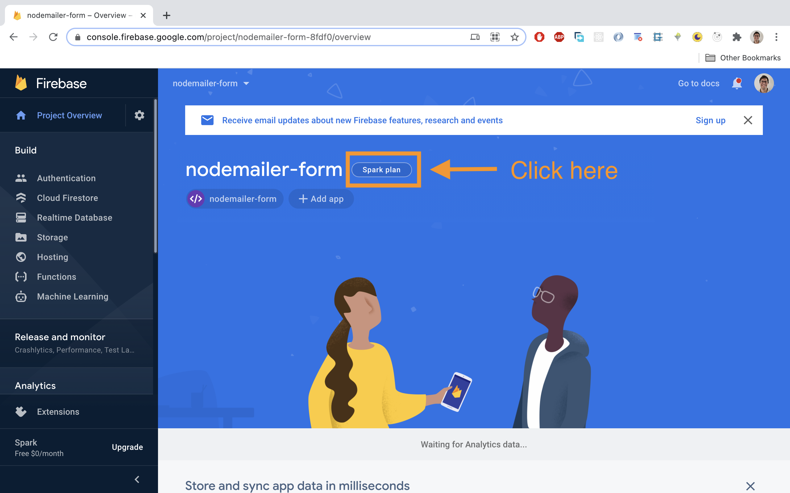 Click on the 'Spark plan' next to your project name in Firebase' console.