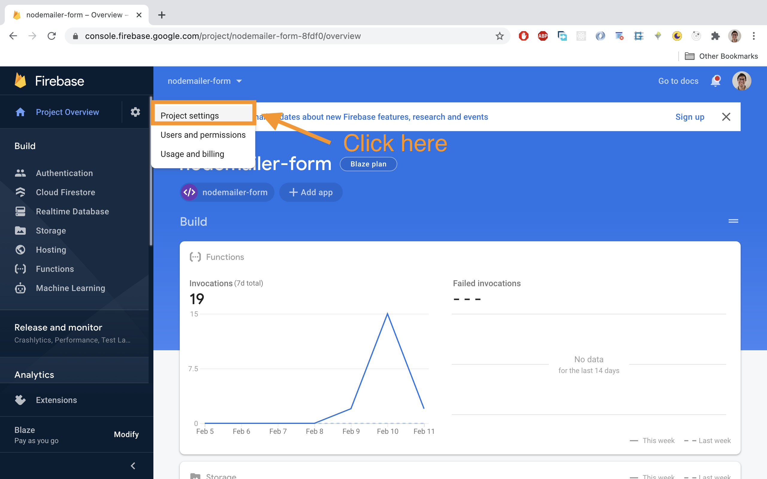 Go to the Firebase project settings by clicking on the 'gear' icon and then on 'Project settings'