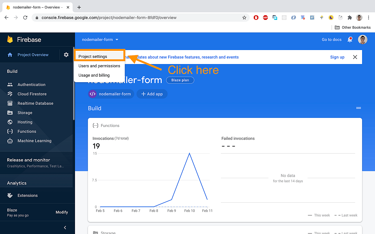Go to the Firebase project settings by clicking on the 'gear' icon and then on 'Project settings'