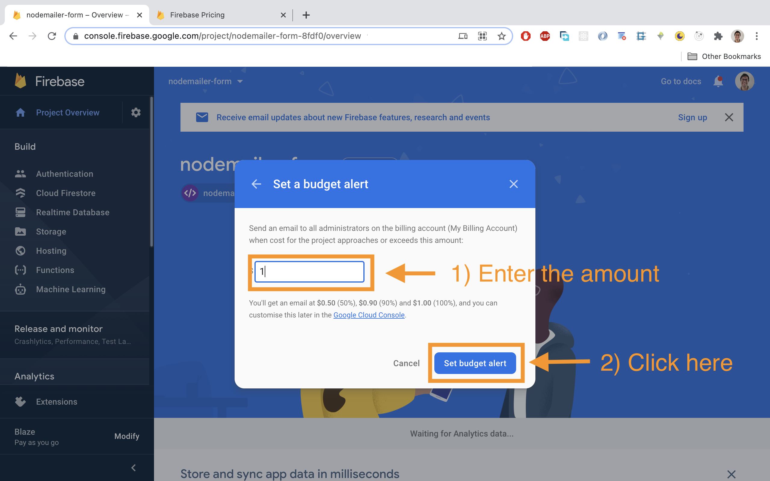 Enter an amount of your choice (for the alert) and then click 'Set budget alert'