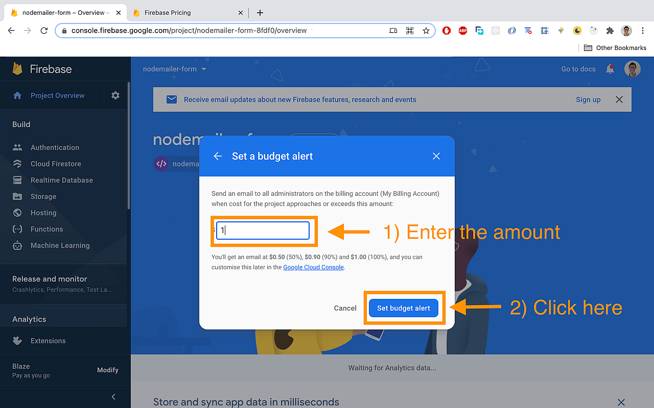 Enter an amount of your choice (for the alert) and then click 'Set budget alert'