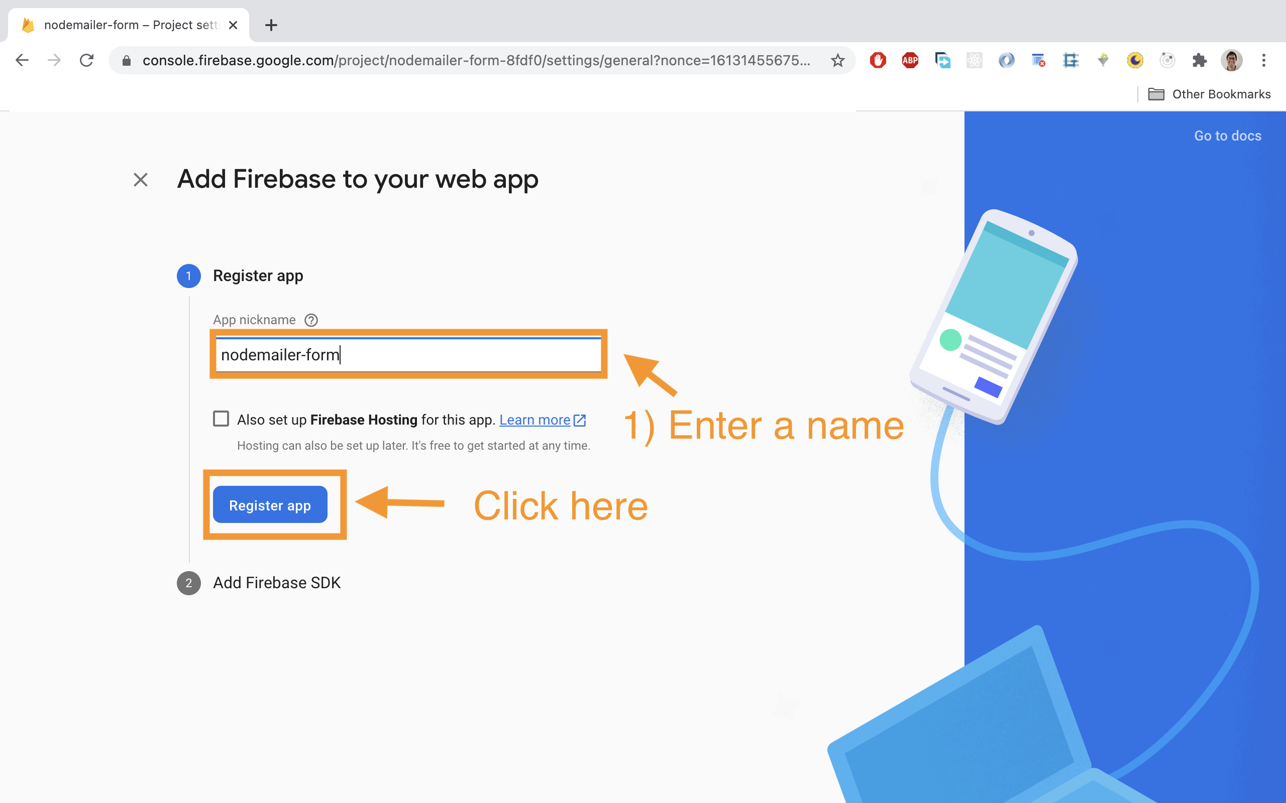 Enter a project name and click on 'Register app'