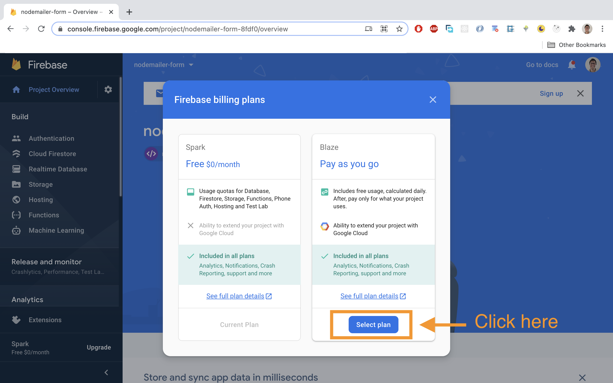 Select the 'Blaze' plan