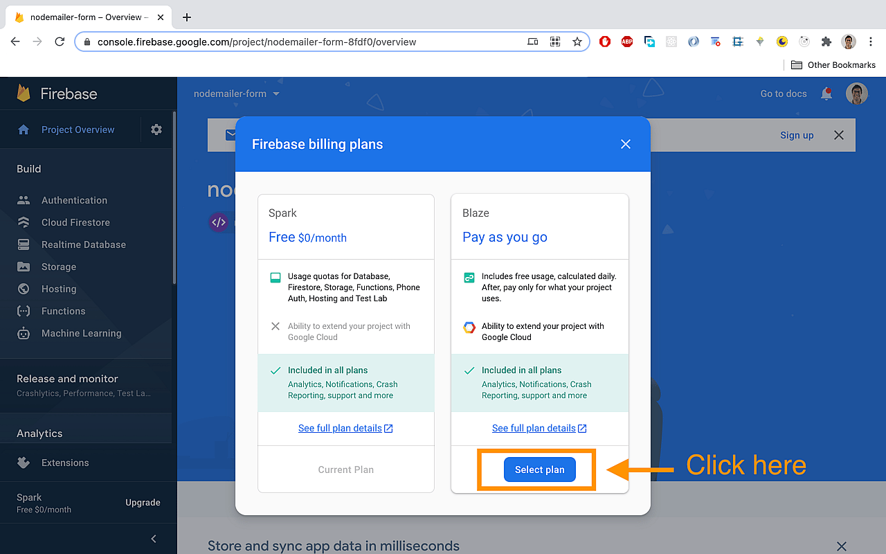Select the 'Blaze' plan