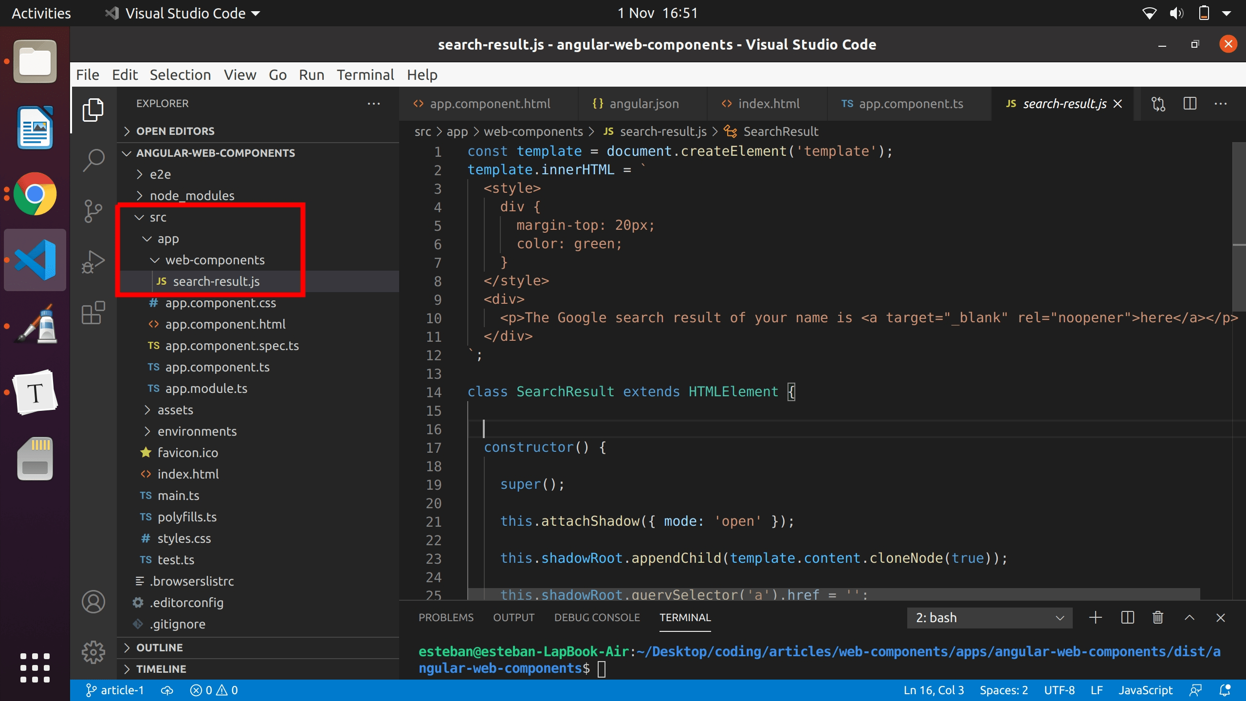 The web component file added to the Angular project