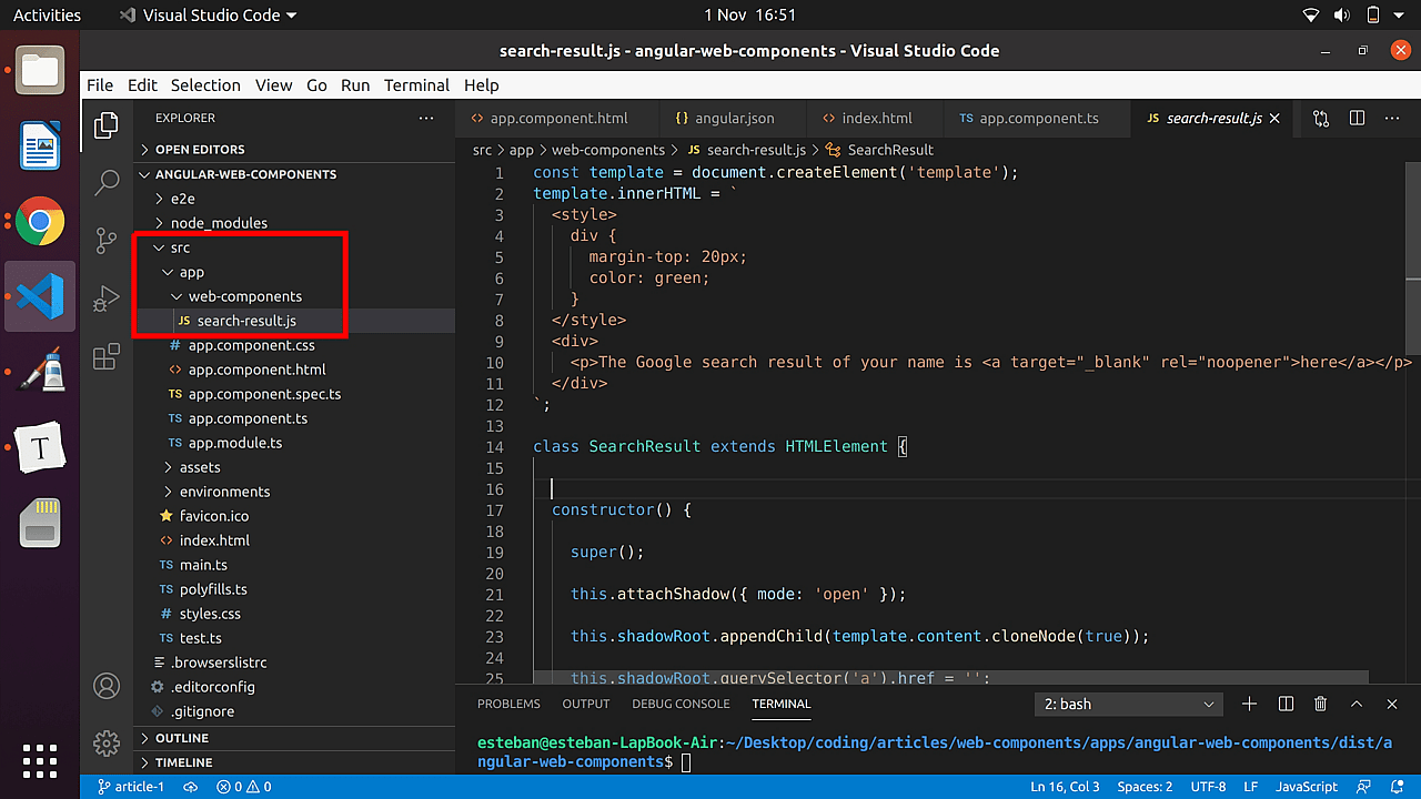 The web component file added to the Angular project