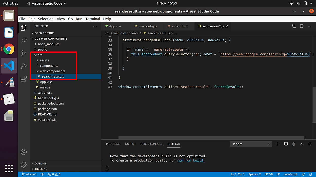 The webcomponent files added to the Vue project