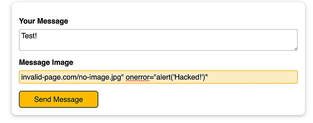 Setting the image url to an invalid page and injecting a malicious JS code snippet.